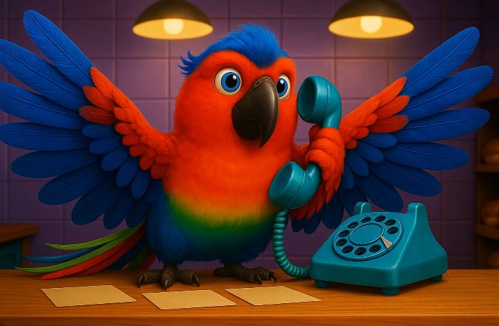 BillyBilly, the colorful KNOWNO Masters parrot, answering a blue telephone.