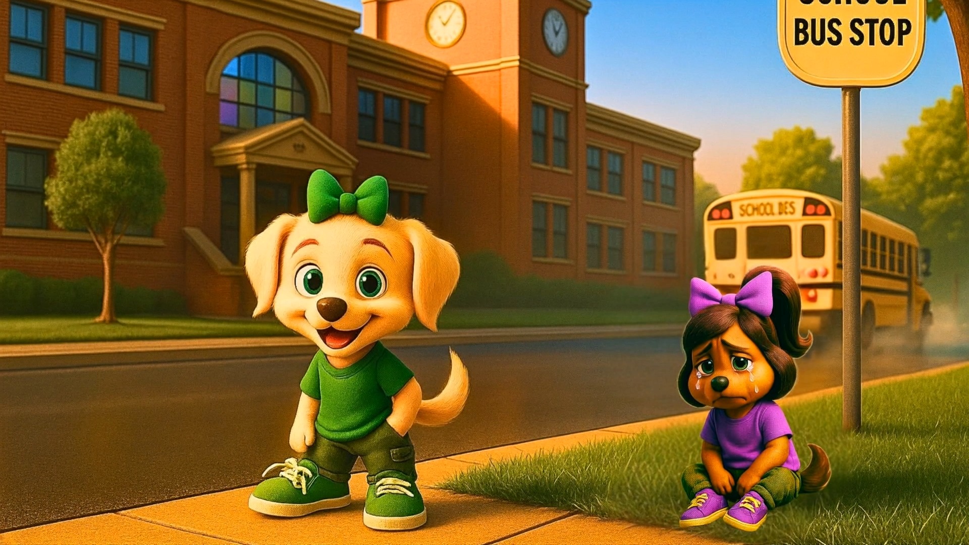 Jesse, the cream-colored KNOWNO Masters dog in a green shirt and green bow, standing at the school bus stop.