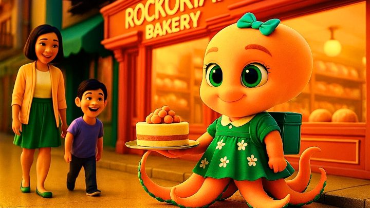 Oni, the orange KNOWNO Masters octopus in a green flowered dress, carrying a cake outside Rockorian Bakery.