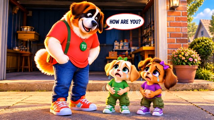 Tu, the KNOWNO Masters St. Bernard in a red shirt, asking two young dogs how they are.