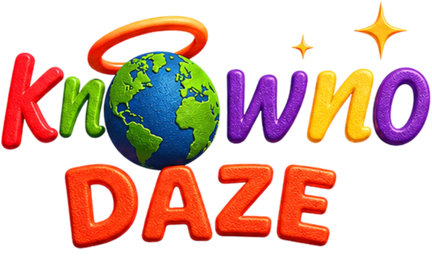 Official full-color KNOWNO DAZE logo with multicolored lettering, Earth globe, halo, stars, and orange DAZE text.