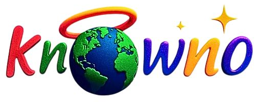 KNOWNO official multicolored 3D logo featuring an Earth globe, halo, and stars.